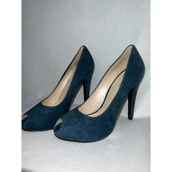 Nine West Peep Toe Dark Turquoise High Heels Womens Sz 10 Leather Upper - Picture 4 of 9